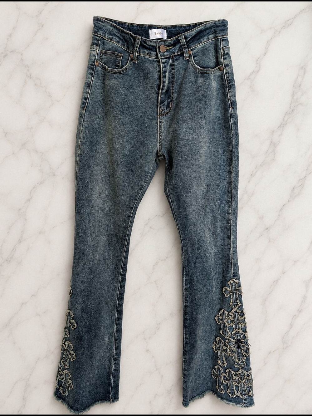 Vintage Bamboo Jeans Y2K Cross Patch Flare Jeans Junior’s Size 9 Distressed Boho